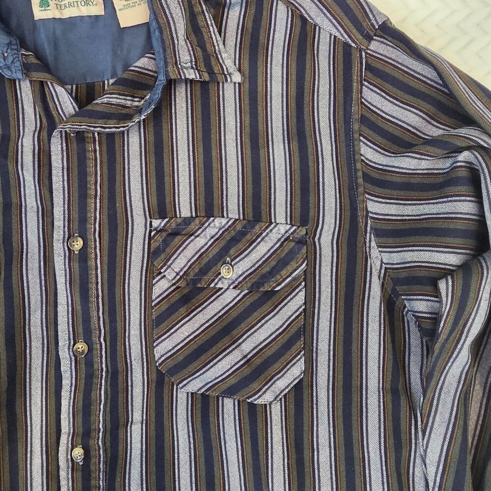 Vintage Mens Button Down Shirt. Gray and Blue Stripes. Large. Y2K 90s Gorpcore